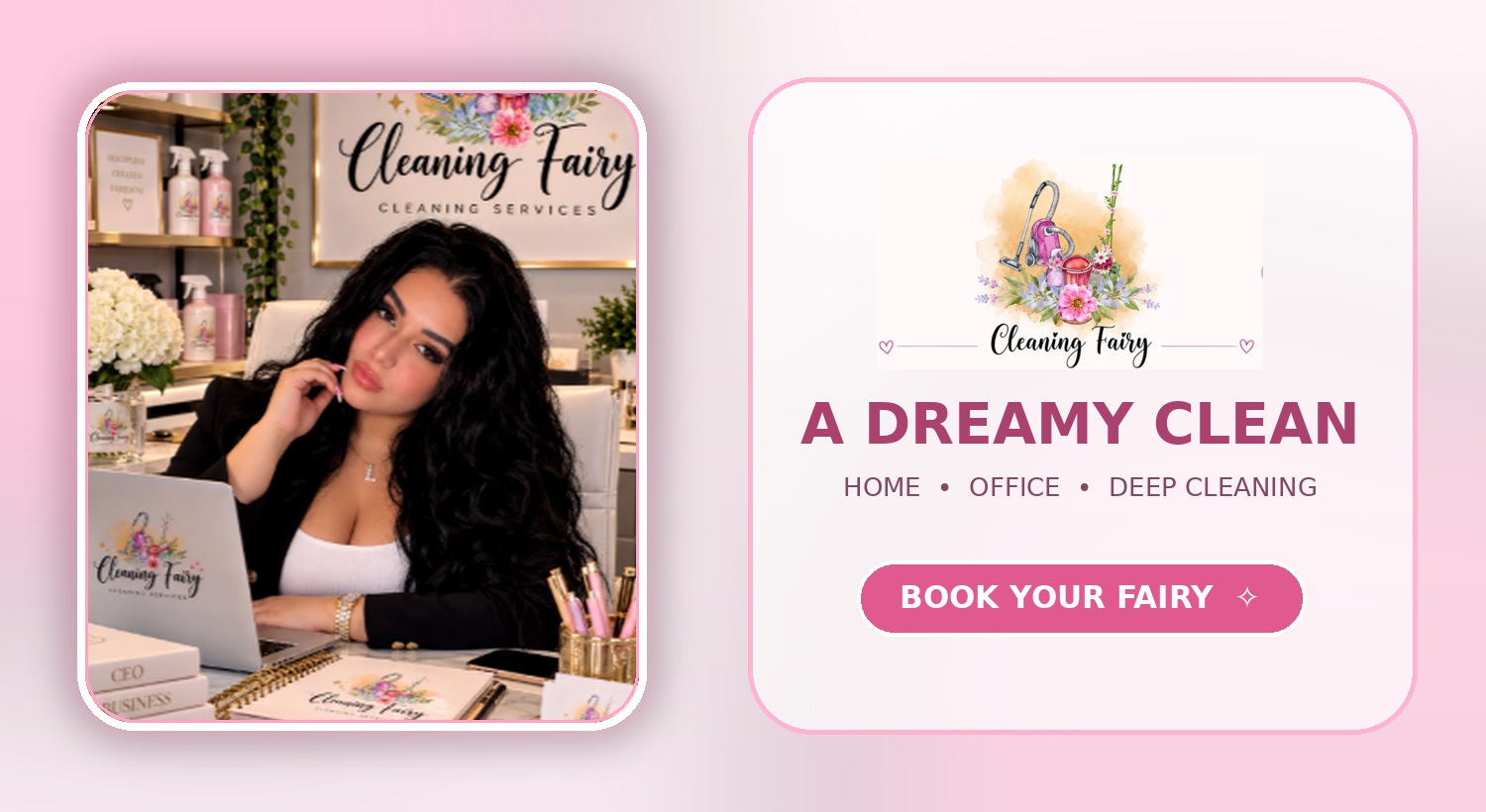 Cleaning Fairy presentation with business owner, logo and cleaning services