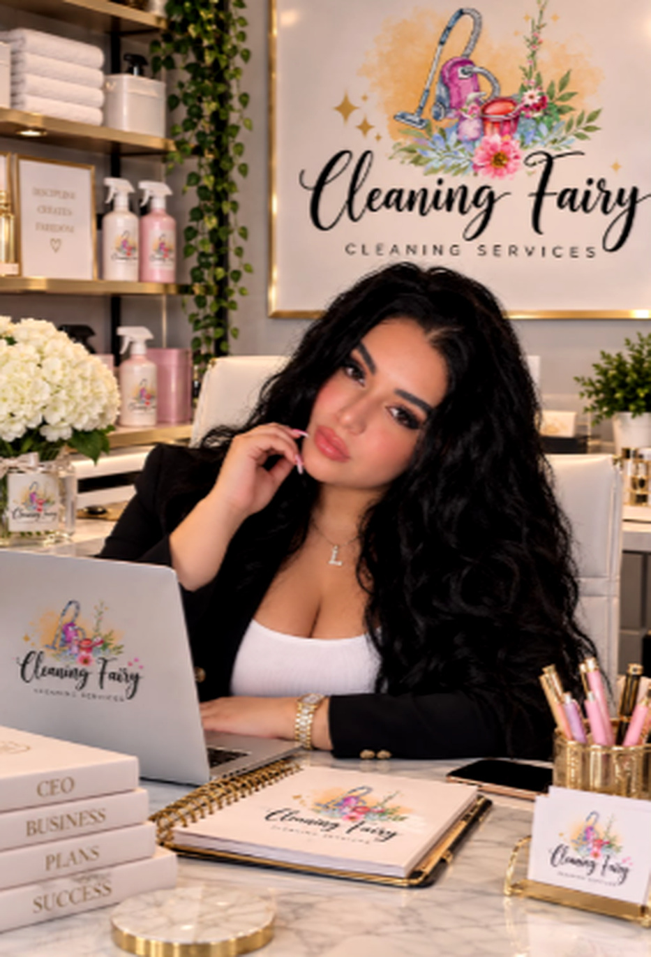 Cleaning Fairy business owner in her branded workspace